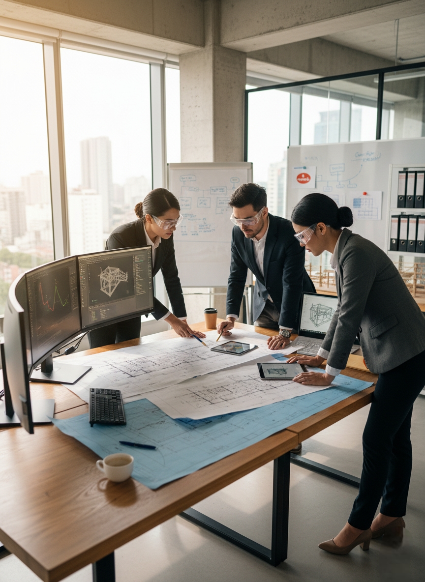 Engineers reviewing blueprints for industrial energy solutions