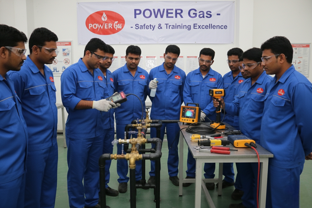 Safety inspector checking an LPG valve with a clipboard